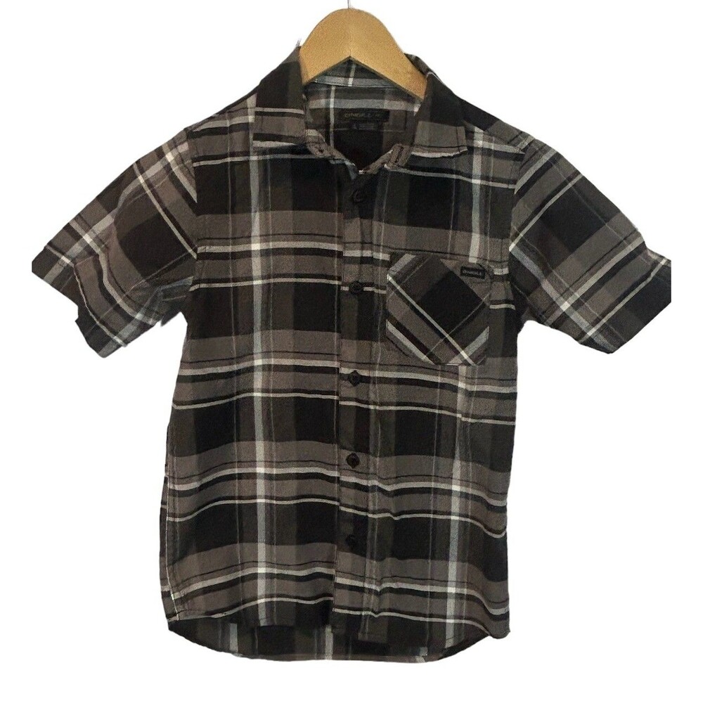 O'Neill Boys Black Short Sleeve Plaid Button Down Shirt - Size Small
